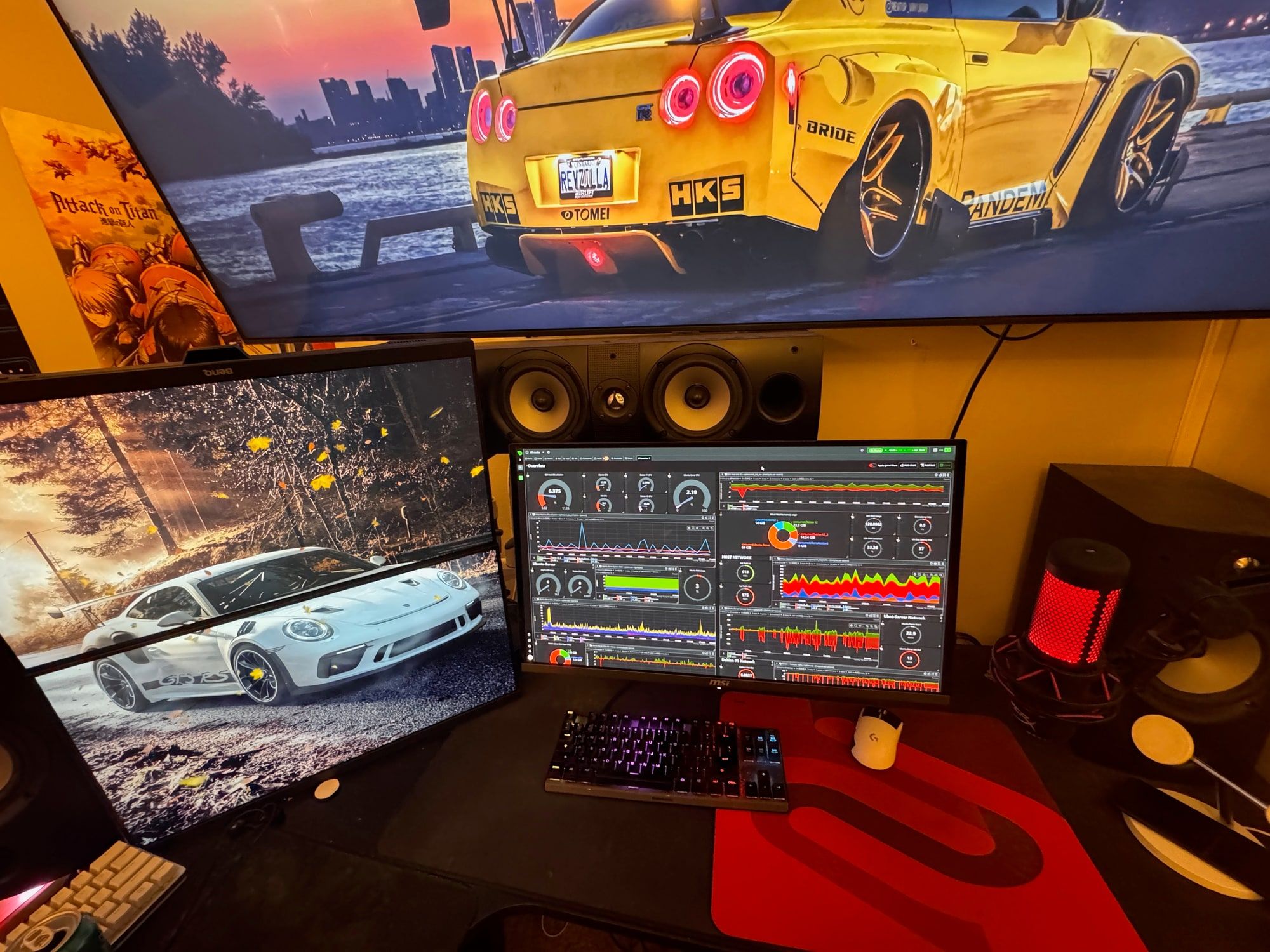 Multi-monitor desk setup with one screen actively running a live Netdata monitoring dashboard alongside the daily workstation displays, keyboard, and speakers