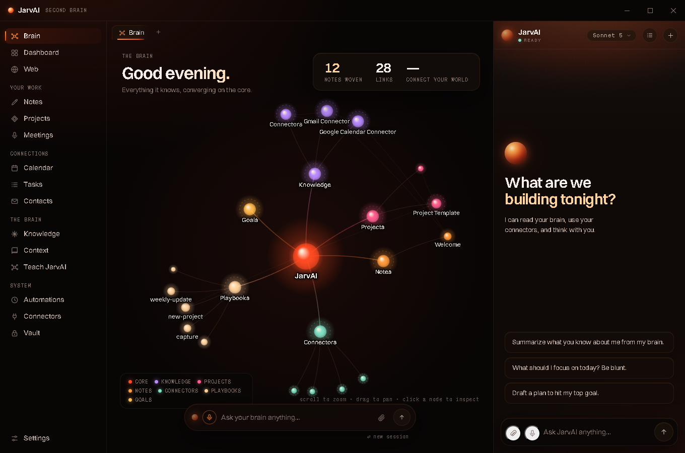 JarvAI's Brain view: a force-directed constellation of connected notes and connectors radiating from a central JarvAI node, with the persistent assistant panel open on the right showing suggested prompts