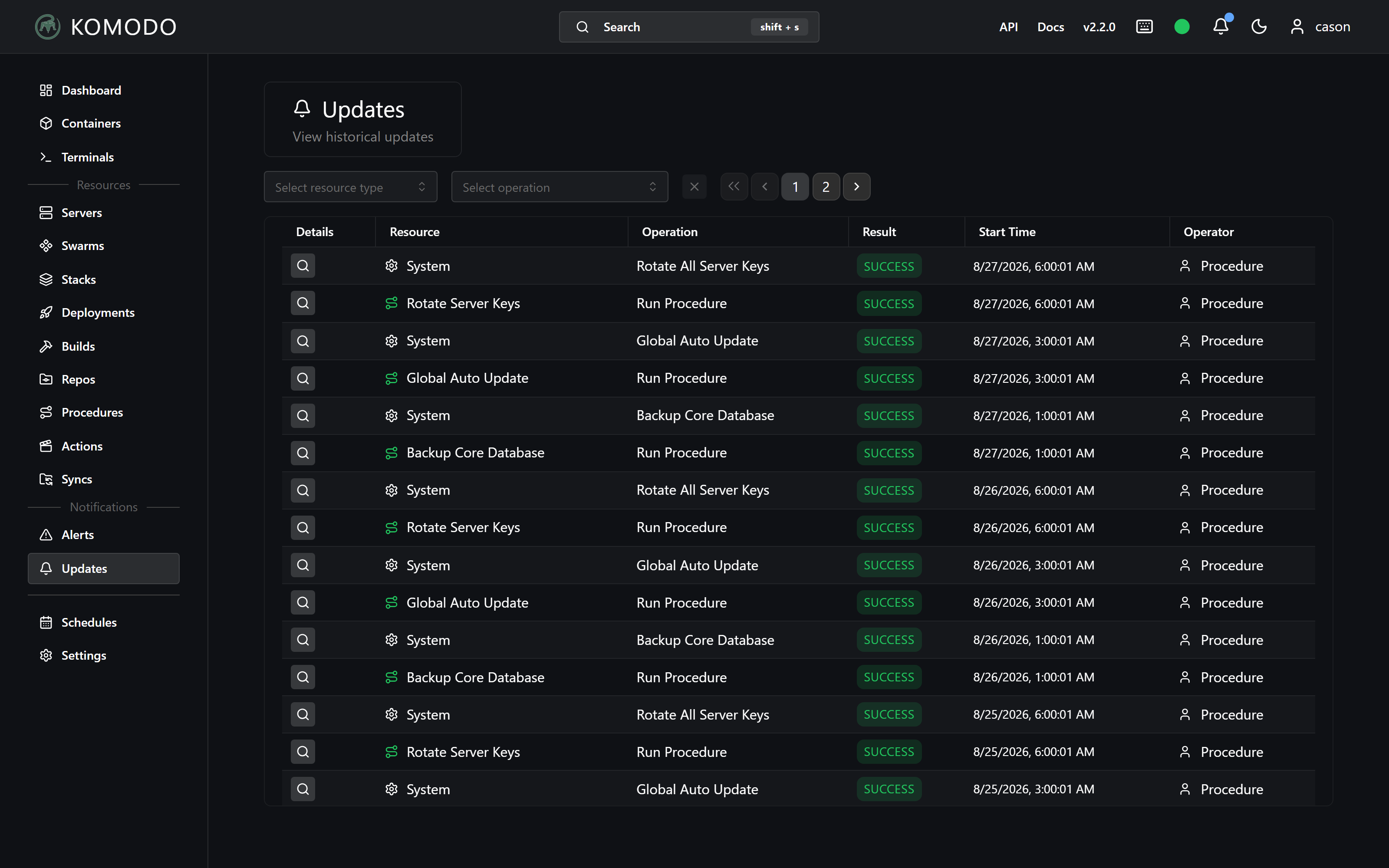Komodo update log showing scheduled procedures for server key rotation, a global image update sweep and a control plane database backup, all reporting SUCCESS across consecutive days
