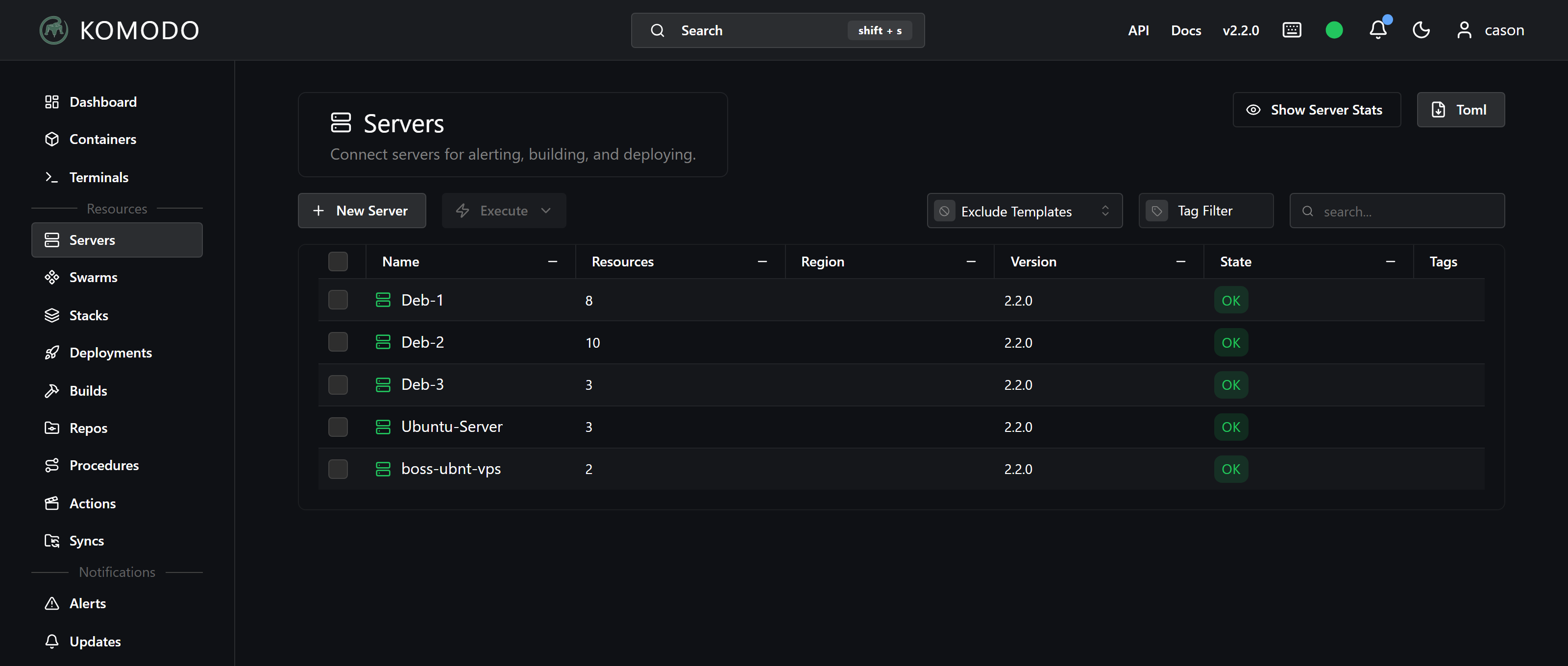 Komodo servers list showing five servers, four on the local network plus one cloud VPS, all running the same agent version and all reporting OK