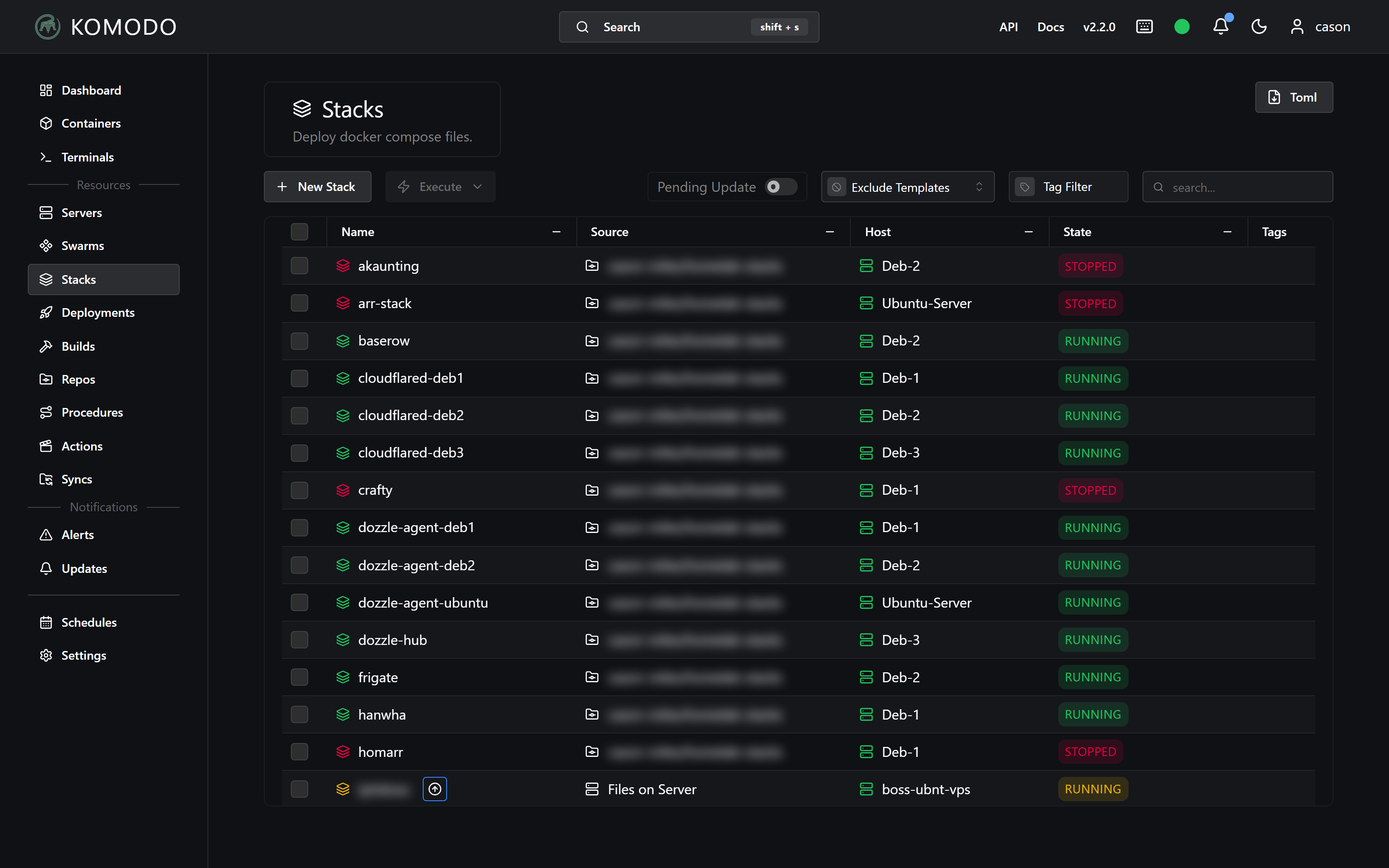 Komodo stacks list showing every stack sharing an identical git repository in the Source column, distributed across four hosts, with live running and stopped states