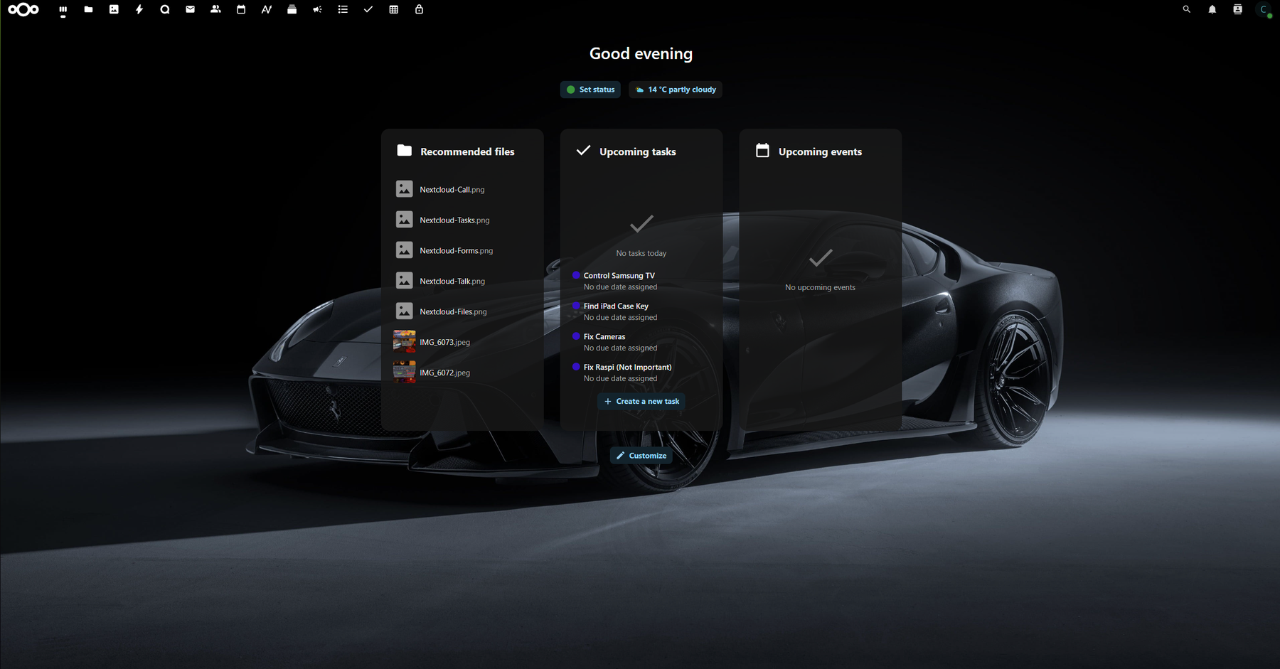 Nextcloud dashboard showing recommended files and a personal to-do list inside the self-hosted file and task workspace