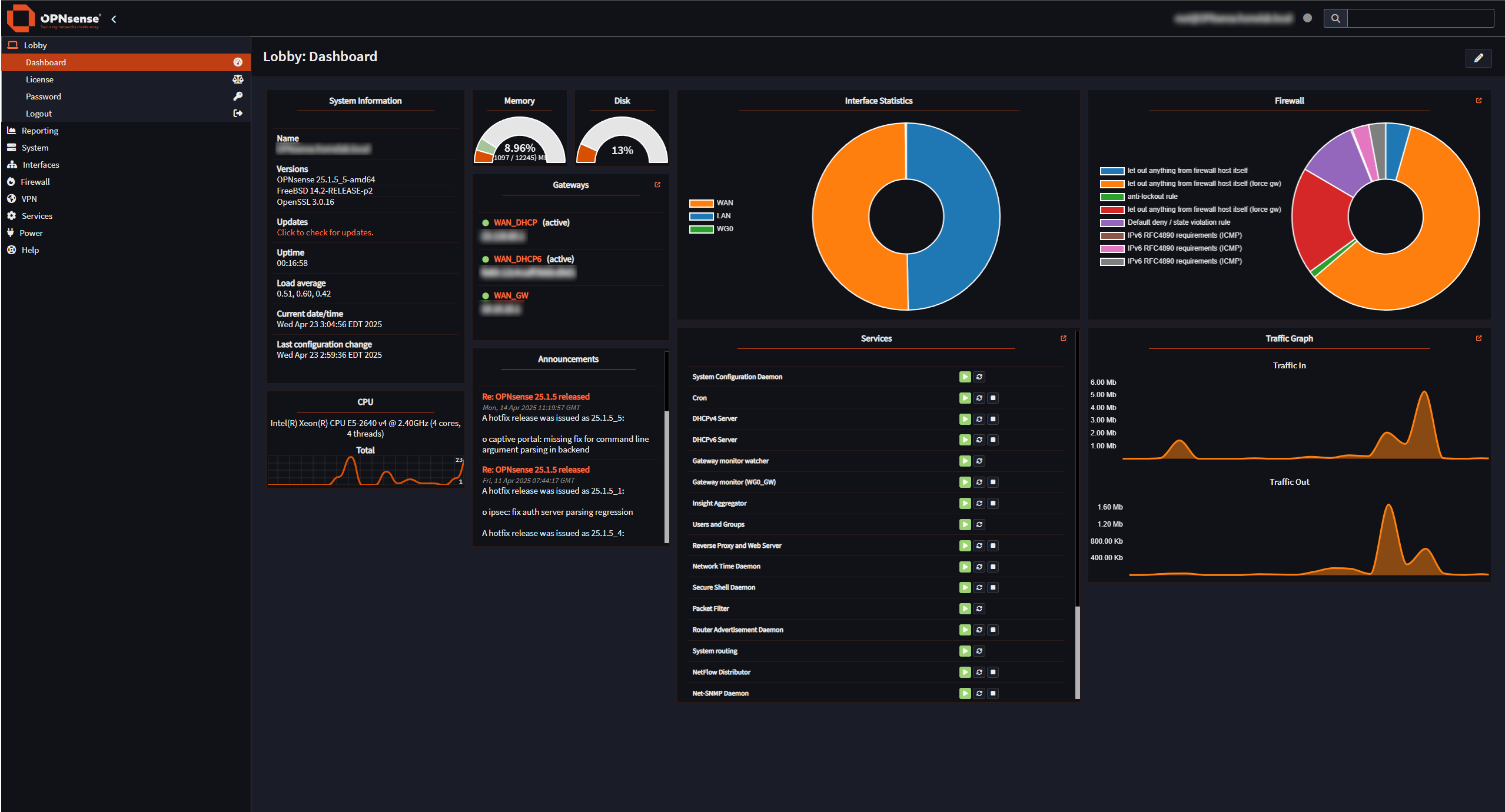 OPNsense firewall dashboard showing system health, gateway status, interface traffic split, firewall rule hits, and running services