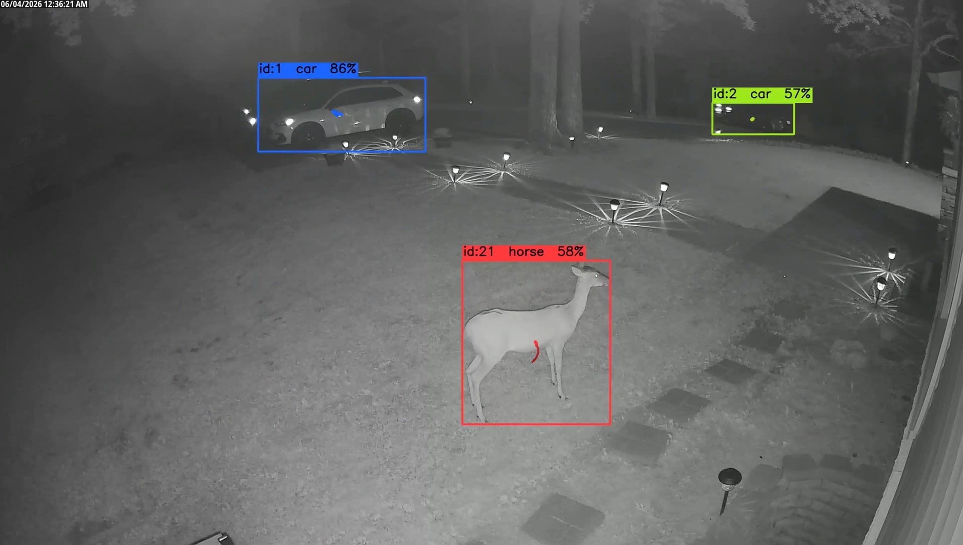 Infrared frame of the front yard with a deer standing mid-lawn boxed and labeled horse 59 percent