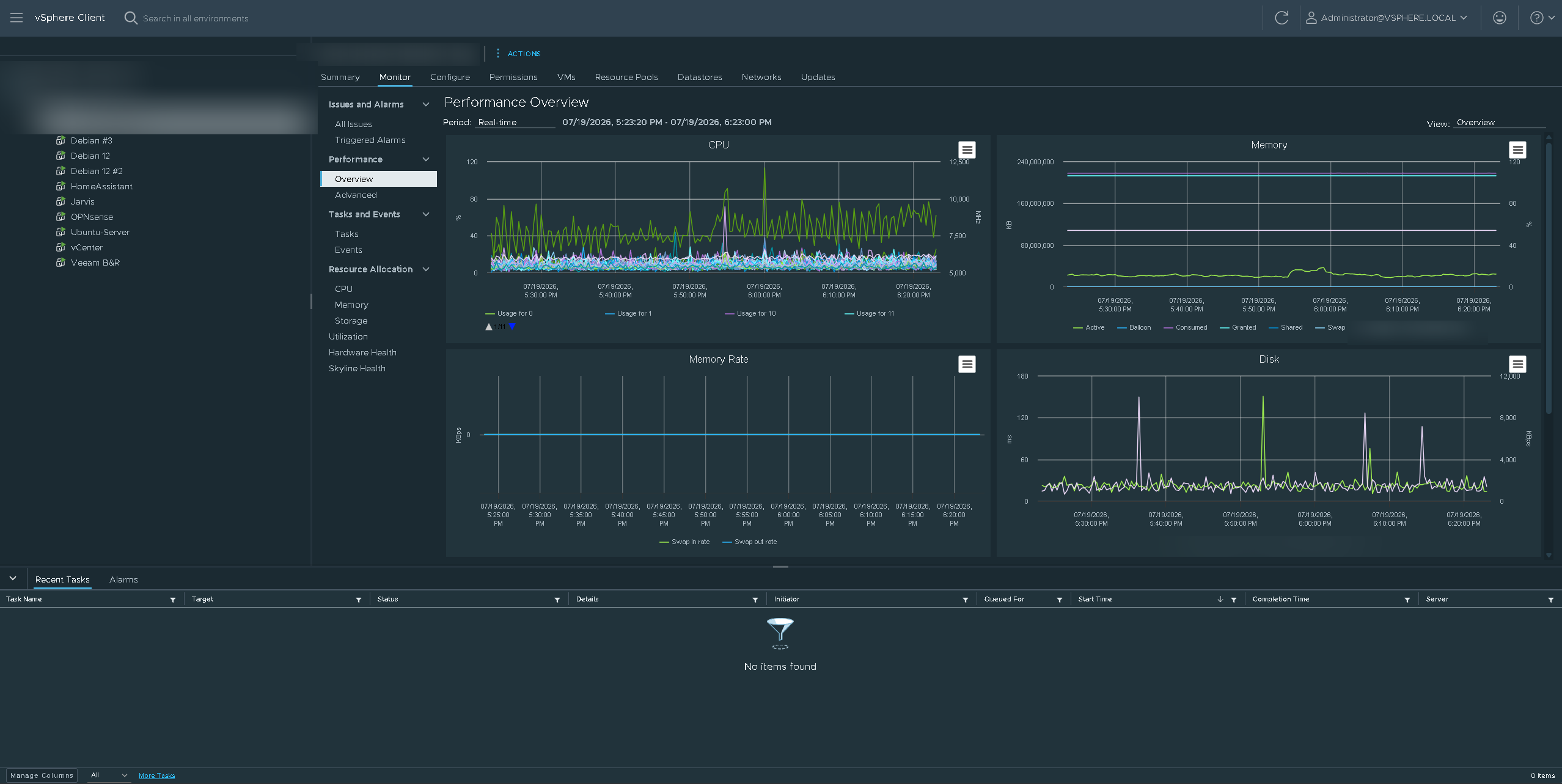 vSphere Client performance overview for the ESXi host showing real-time CPU, memory, memory rate, and disk charts across the VM inventory